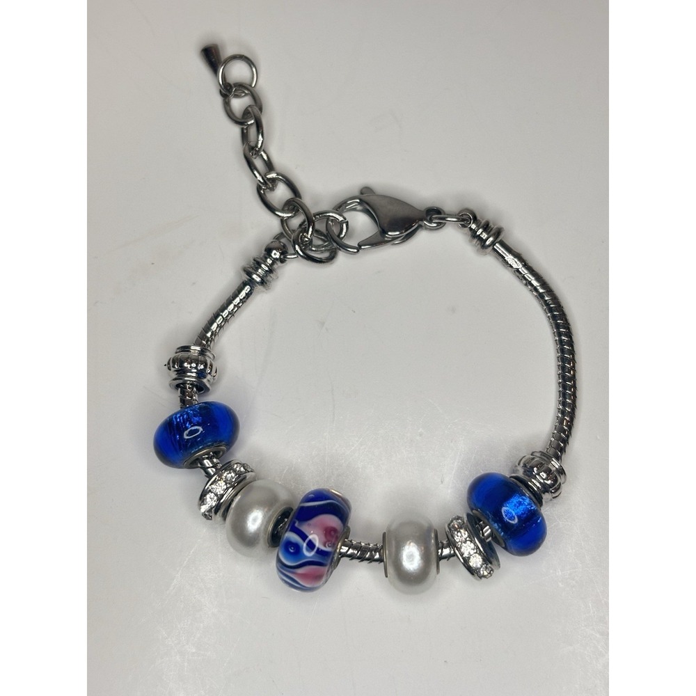 Bella Perlina Blue & Pearl White Color Bead Charm Bracelet